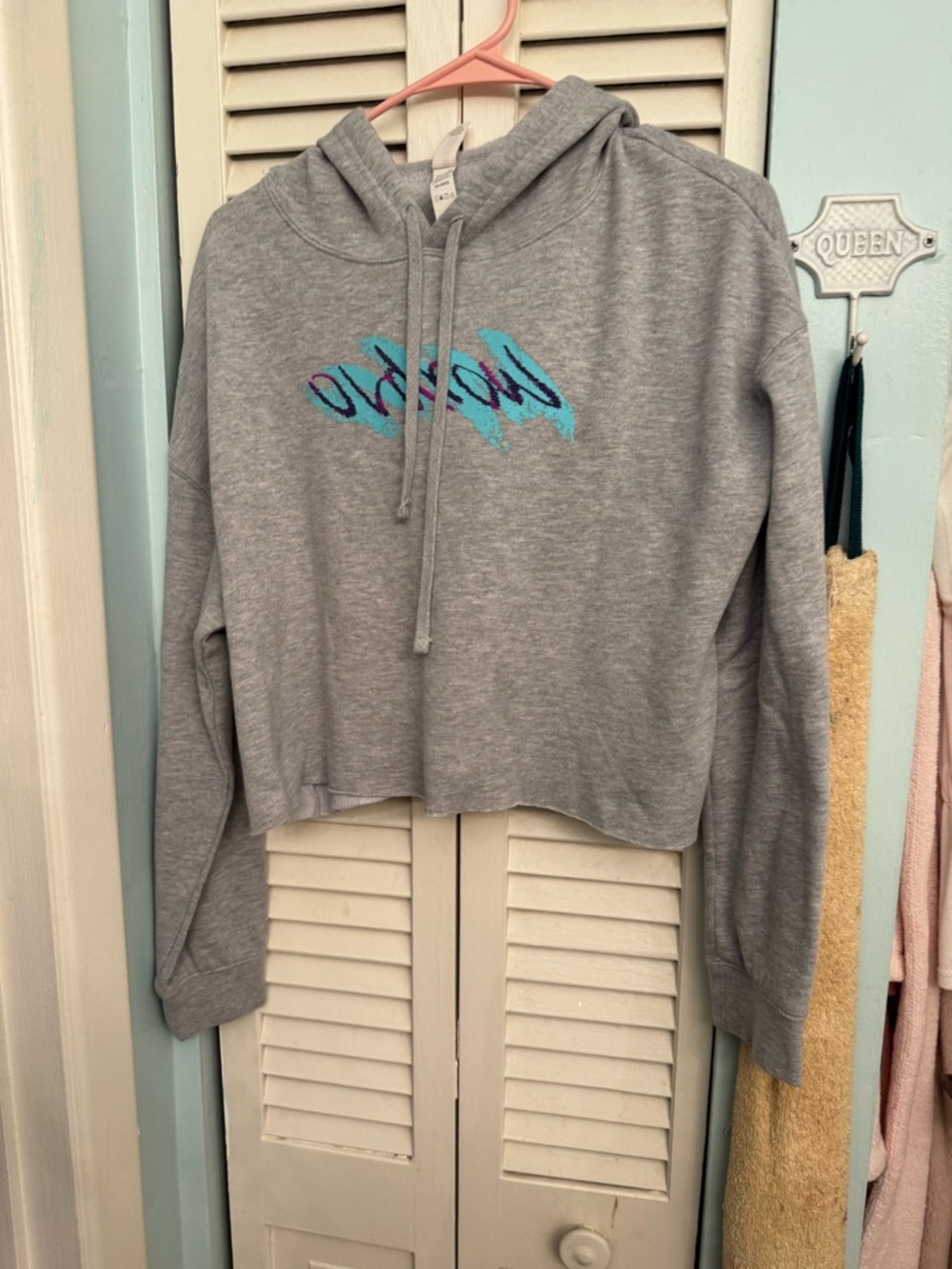 Old Row Gray Cropped Hoodie with Teal & Purple Script